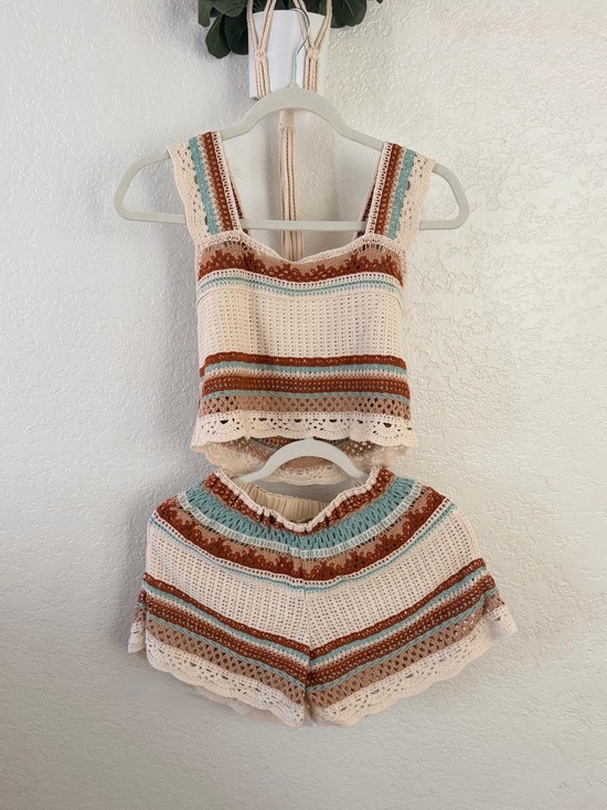 Rebellion Again Other - Rebellion Again Crochet Striped Tank and Shorts Set - Cream, Brown & Turquoise